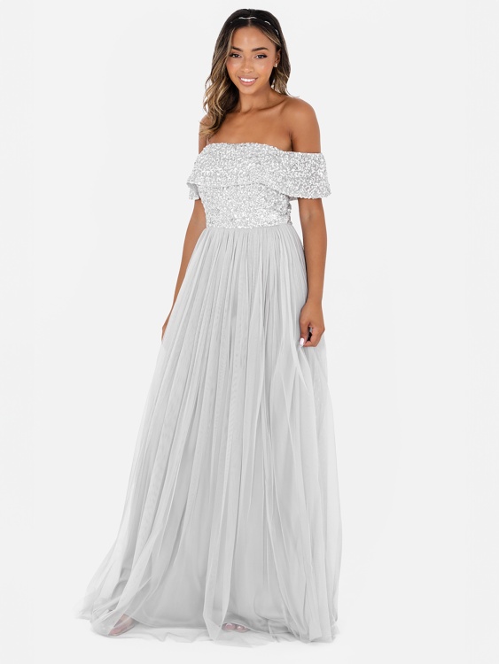 Maya Soft Grey Bardot Embellished Maxi Dress