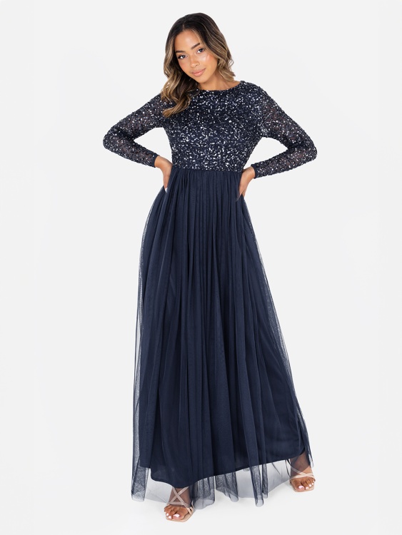 Maya Navy Embellished Long Sleeve Maxi Dress