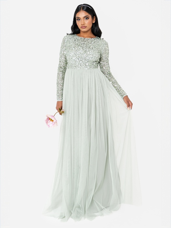 Maya Sage Green Embellished Long Sleeve Maxi Dress