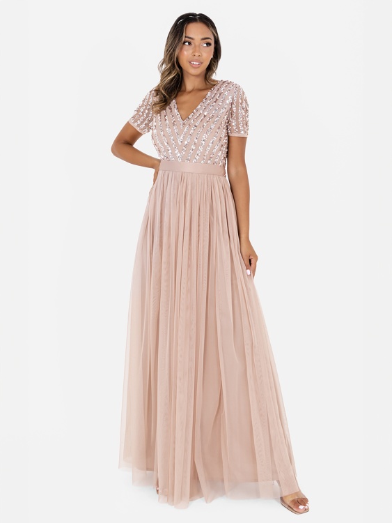 Maya Taupe Blush Stripe Embellished Maxi Dress With Sash Belt