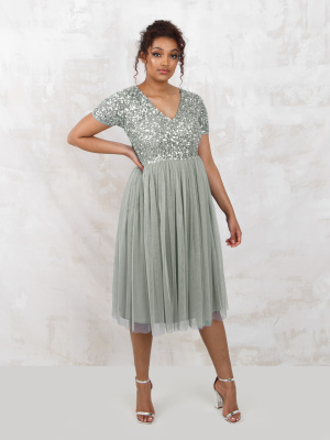 Maya Sage Green V Neckline Embellished Midi Dress - STRAIGHT SIZE Wholesale Pack
