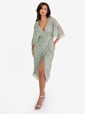Maya Green Lily Fully Embellished Faux Wrap Midi Dress