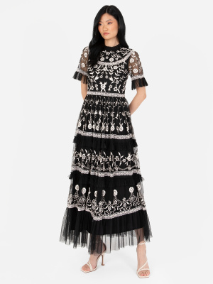 Maya Black Embroidered Tiered Midi Dress