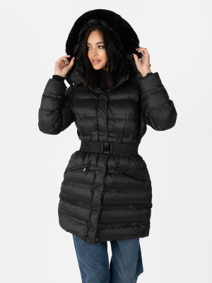 Lovedrobe Black Belted Puffer Coat with Removable Faux Fur Hood