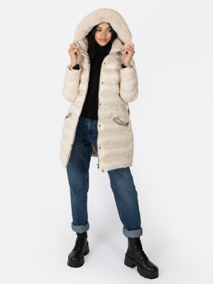 Lovedrobe Stone Belted Puffer Coat with Removable Faux Fur Hood