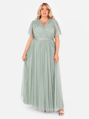 Anaya With Love Recycled Frosty Green Tulle Faux Wrap Short Sleeve Maxi Dress