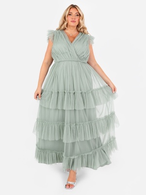 Anaya With Love Recycled Frosty Green Short Sleeve V Neck Tiered Maxi Dress