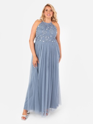 Maya Dusty Blue Floral Embellished Halter Neck Maxi Dress