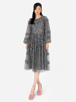 Maya Charcoal Fully Embellished Long Sleeve Midi Dress