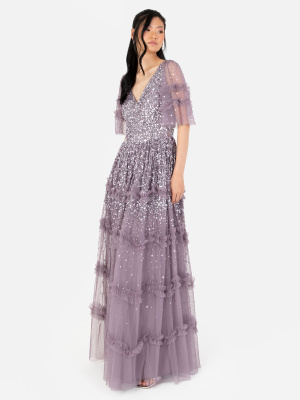 Maya Moody Lilac Fully Embellished Short Sleeve Maxi Dress