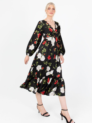 Lovedrobe Luxe Floral Long Sleeve Midi Dress with Button Detail