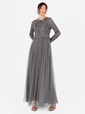 Maya Charcoal Long Sleeve Embellished Maxi Dress 