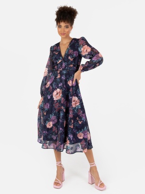 Anaya With Love Recycled Floral Long Sleeve Navy Midi Dress