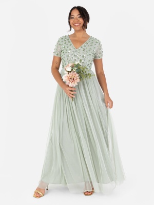 Maya Green Lily Floral Embellished Short Sleeve Maxi Dress