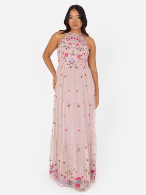 Maya Frosted Pink Halter Neck Embroidered Tiered Maxi Dress 