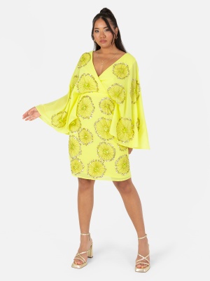 Maya Yellow Floral Motif Cape Sleeve Mini Dress