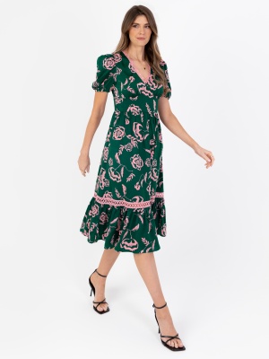 Lovedrobe Green & Pink Floral Midi Dress with Lace Trim