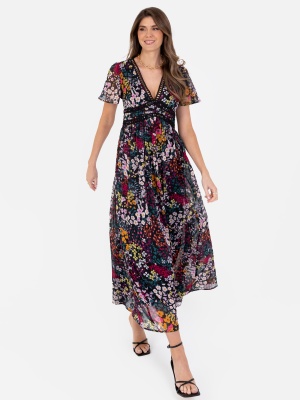 Lovedrobe Floral Short Sleeve Maxi Dress with Crochet Detail