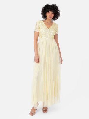Maya Lemon Yellow V Neckline Embellished Maxi Dress