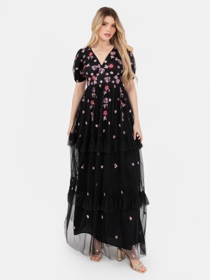 Maya Black Floral Embroidered Short Sleeve V Neck Maxi Dress