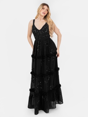Maya Black Embellished Strappy Tie-Back Maxi Dress with Frill Detail