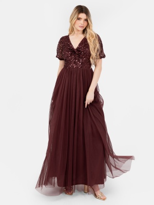 Maya Cranberry Embellished Short Sleeve Twist Bodice Maxi Dress