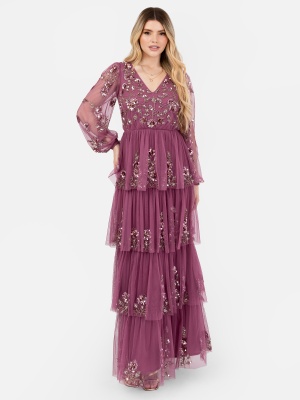 Maya Purple Embellished Long Sleeve Tiered Maxi Dress