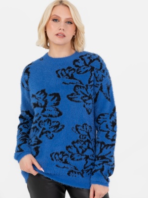 Lovedrobe Blue & Black Floral Jacquard Jumper