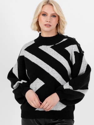 Lovedrobe Monochrome Geometric High Neck Jumper with Button Detail