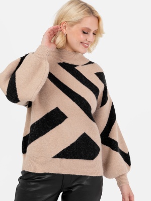 Lovedrobe Camel and Black Geometric High Neck Jumper with Button Detail