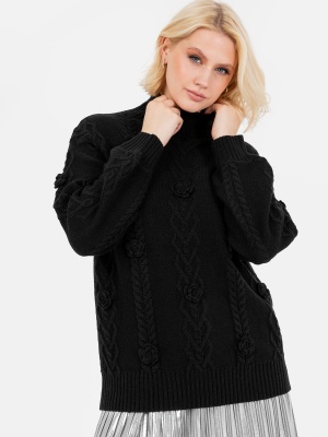 Lovedrobe Black Cable Knit High Neck Jumper with Floral Detail