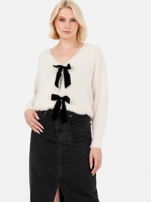 Lovedrobe Cream Cardigan with Peral Trim & Velvet Bow Fastening