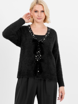 Lovedrobe Black Cardigan with Peral Trim & Velvet Bow Fastening