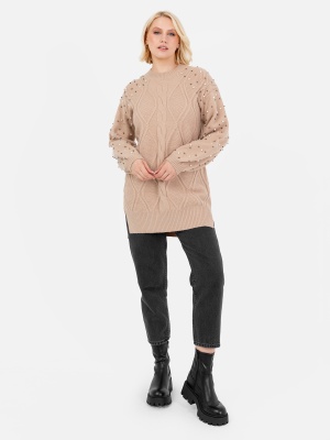 Lovedrobe Camel Cable Knit Longline Jumper with Pearl Embellishment 