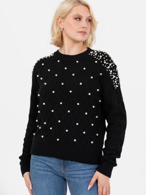 Lovedrobe Black Pearl Embellished Cable Knit Jumper