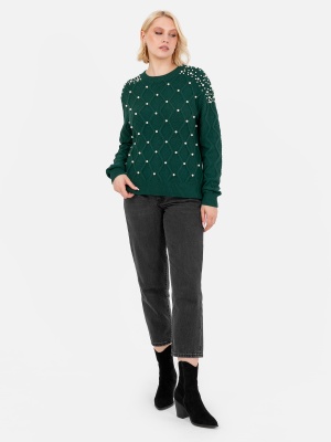 Lovedrobe Pearl Embellished Green Cable Knit Jumper