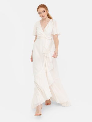 Anaya With Love Recycled Ivory Faux Wrap Ruffle Maxi Dress