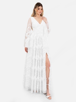 Maya Ivory Fully Embellished V Neck Long Sleeve Bridal Maxi Dress