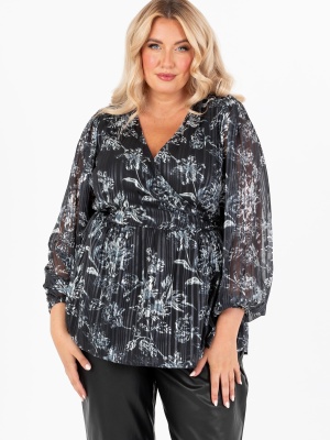 Lovedrobe Monochrome Floral Long Sleeve Wrap Top