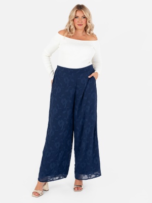 Lovedrobe Navy Floral Burnout Wide Leg Trousers with Pockets