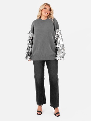 Lovedrobe Grey Sequin Sleeve Longline Jumper