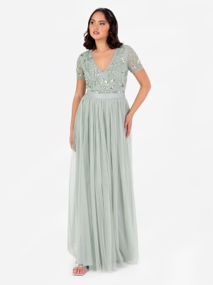 Maya Sage Green Floral Embellished Short Sleeve V Neck Maxi Dress with Sash Belt