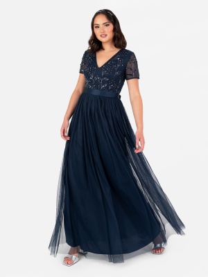 Maya Navy Floral Embellished Short Sleeve V Neck Maxi Dress with Sash Belt