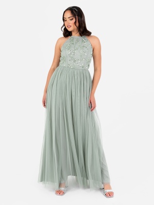 Maya Sage Green Floral Embellished Halter Neck Maxi Dress