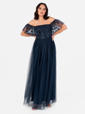 Maya Navy Floral Embellished Bardot Maxi Dress