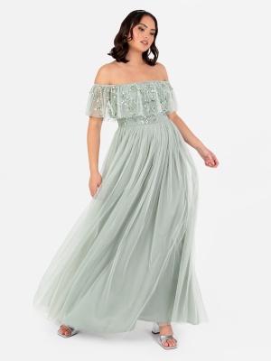 Maya Sage Green Floral Embellished Bardot Maxi Dress