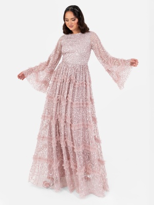 Maya Frosted Pink Fully Embellished Round Neckline Maxi Dress