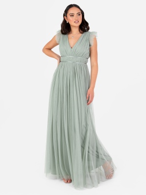 Anaya With Love Recycled Tulle Frosty Green V Neck Flutter Sleeve Maxi Dress