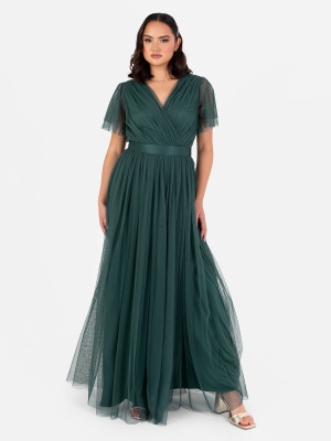 Anaya With Love Recycled Emerald Green Tulle Faux Wrap Short Sleeve Maxi Dress