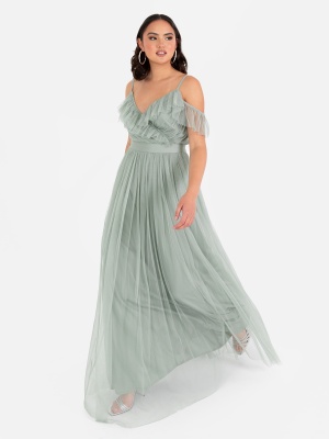 Anaya With Love Recycled Frosty Green Cold Shoulder Maxi Dress with Sash Belt